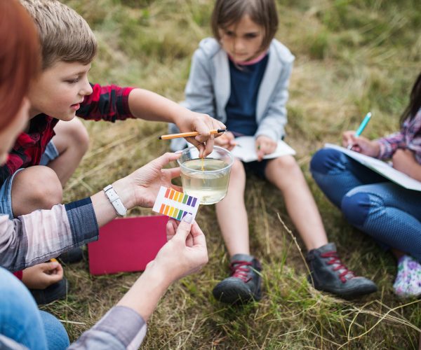 Group of school children with teacher on field trip in nature, learning science.